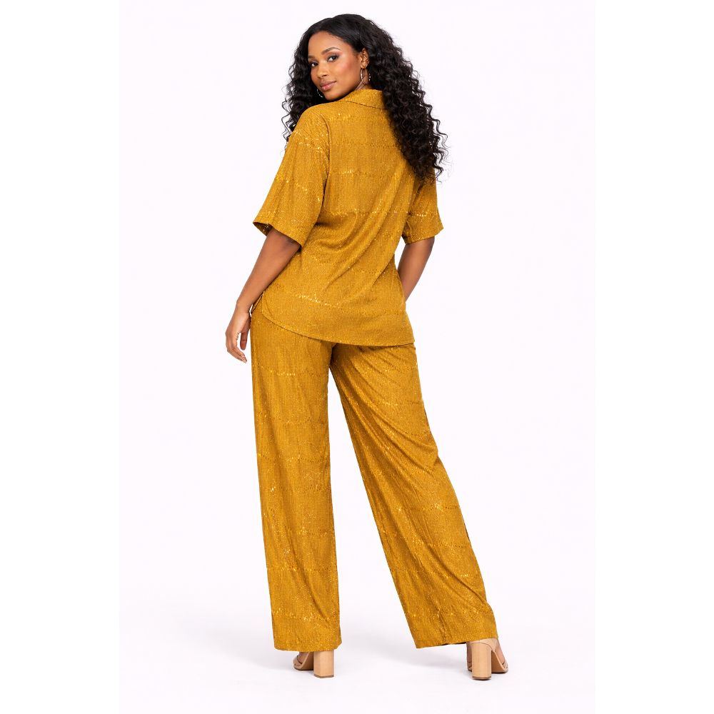 Women Mustard Gold Shimmer Pleated Two Piece Trouser Set